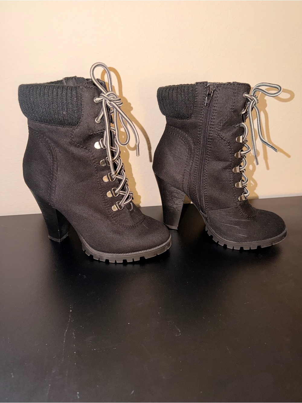 Paprika Black Lace-Up Heeled Ankle Boots